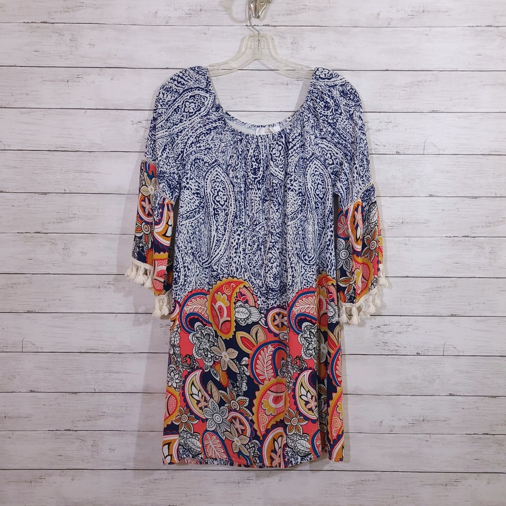 Entro Blue Red Paisley Floral Tassel Bell Sleeve Shift Mini Dress Size Small